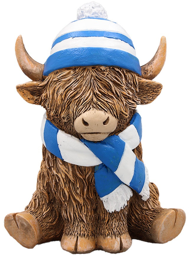 Highland Cow With Blue and White Scarf and Hat