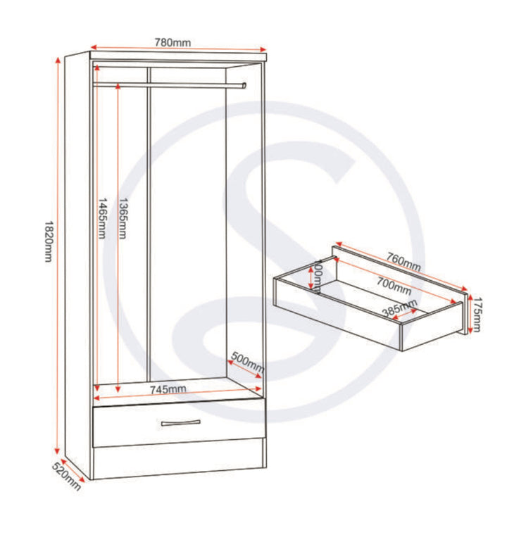 Nevada 2 Door 1 Drawer Wardrobe Bedroom Set