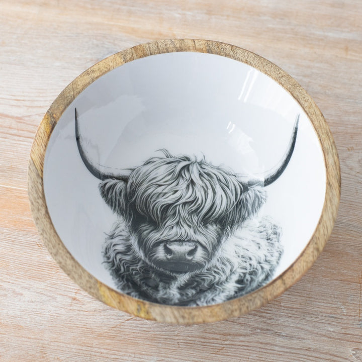 Highland Cow Enamel and Wood Bowl