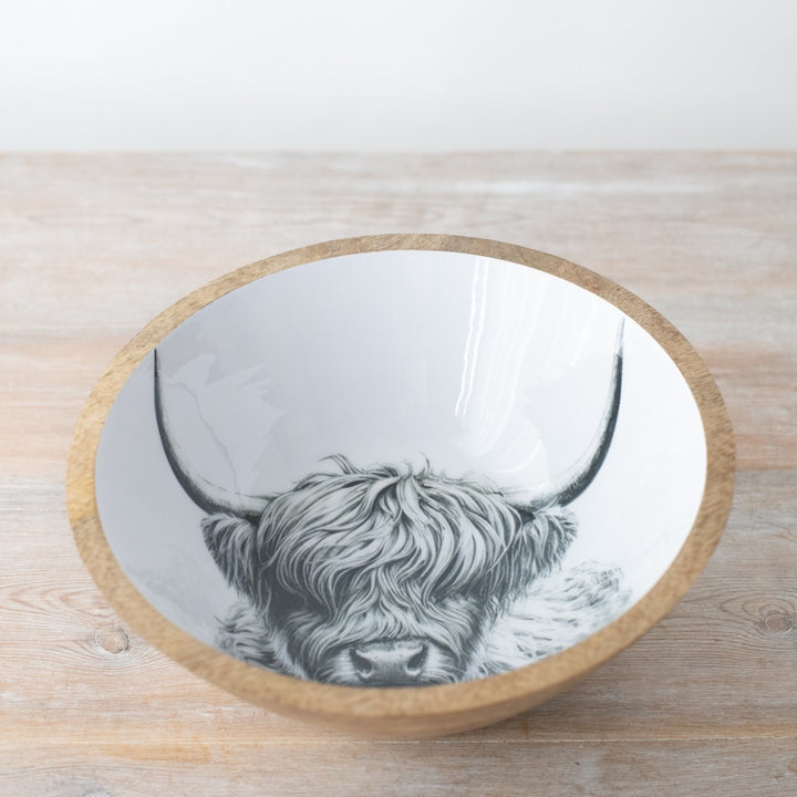 Highland Cow Enamel and Wood Bowl