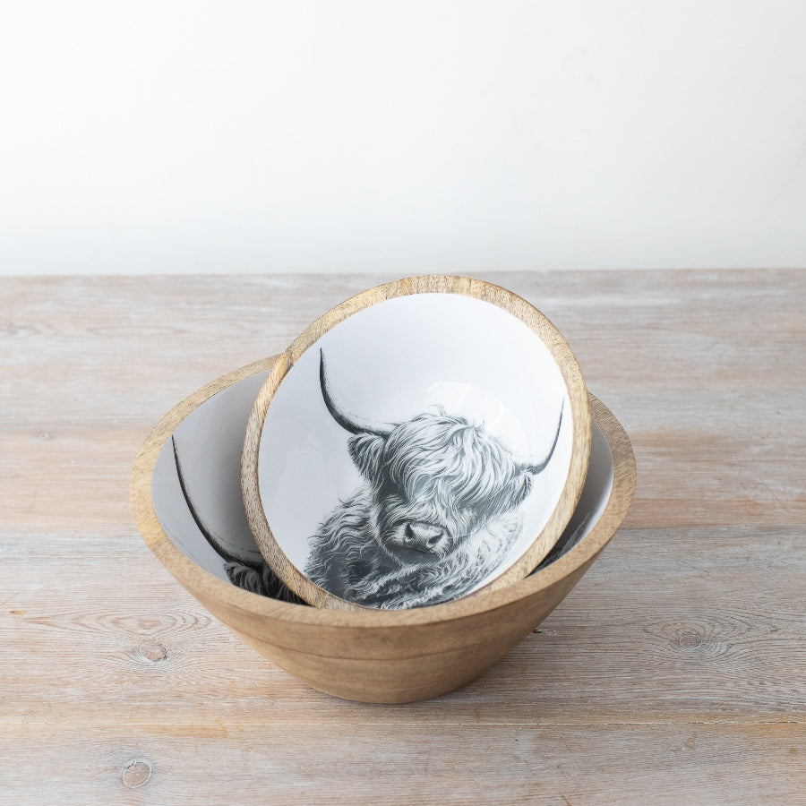 Highland Cow Enamel and Wood Bowl