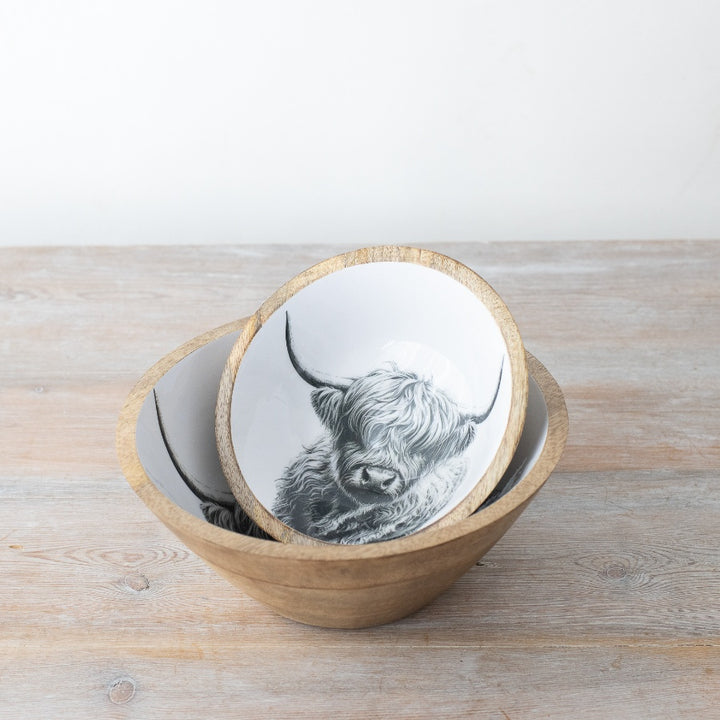 Highland Cow Enamel and Wood Bowl
