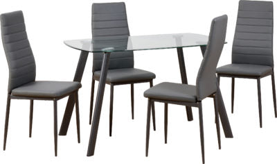 Abbey Dining Set with 4 chairs  Clear Glass/Grey/Grey Faux Leather