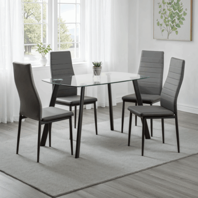 Abbey Dining Set with 4 chairs  Clear Glass/Grey/Grey Faux Leather