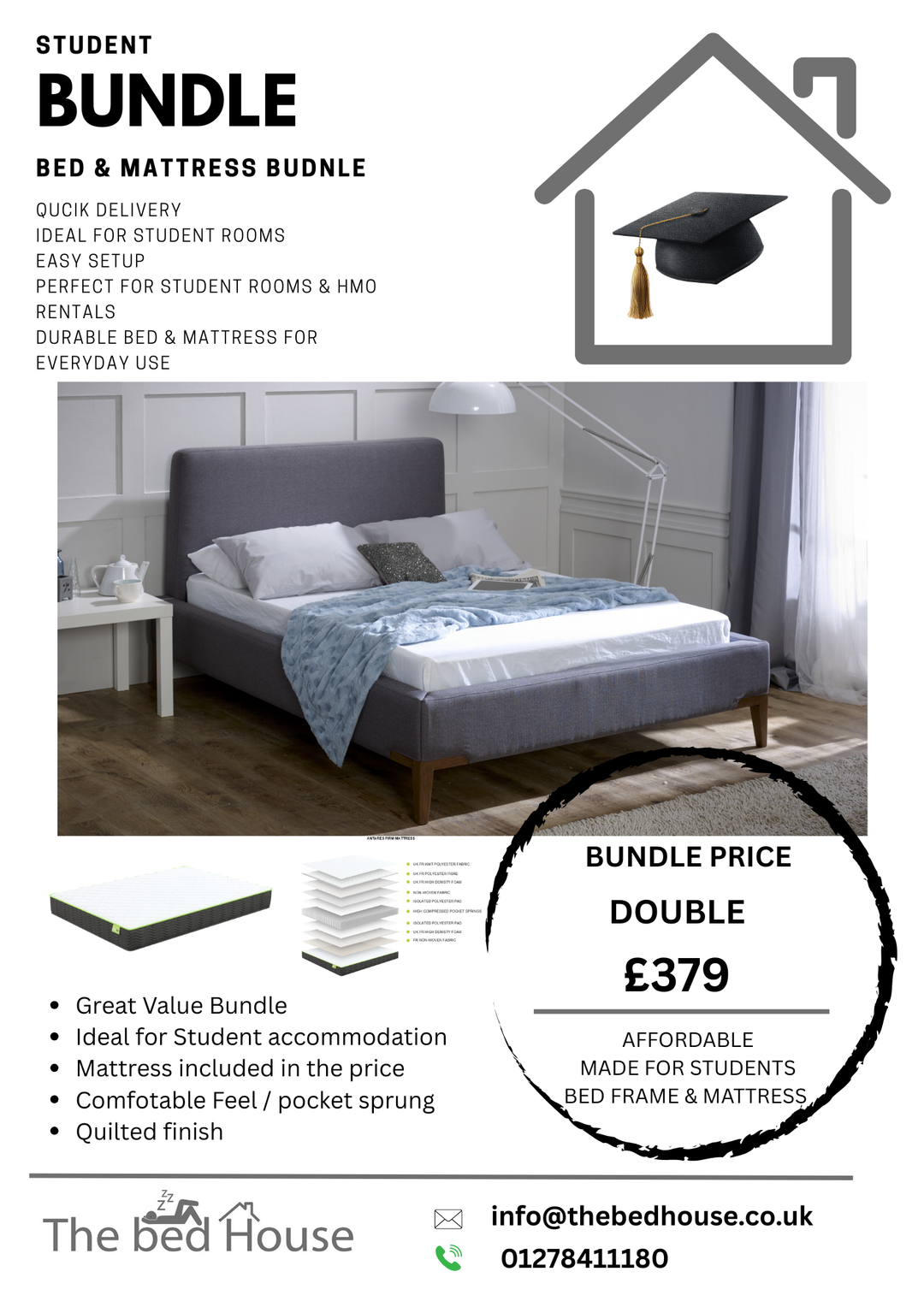 Student Bundle ( Bed frame & Mattress )  DOUBLE