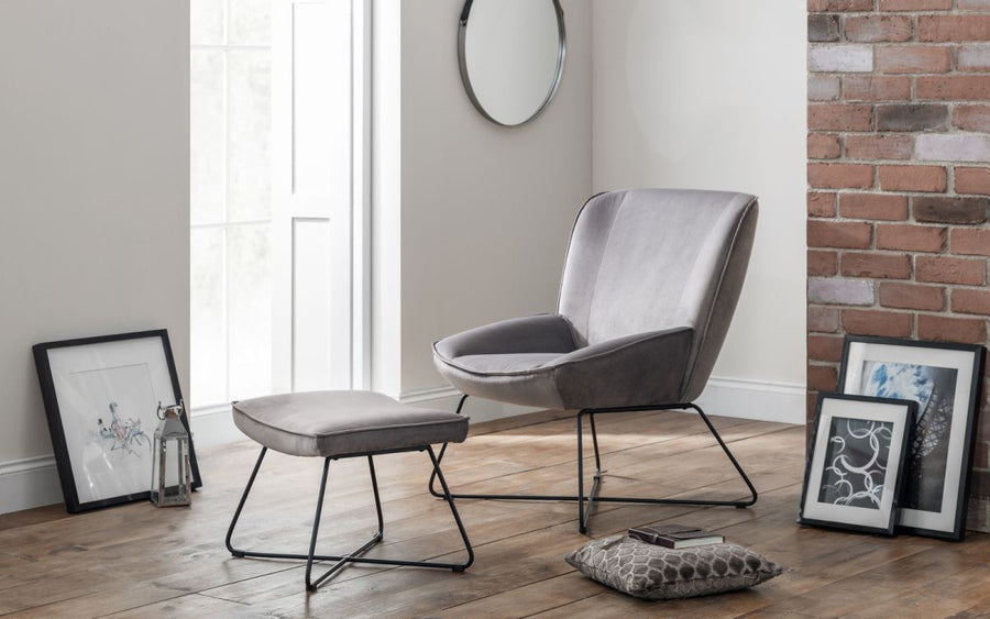 Mila Velvet Accent Chair & Stool - Grey - The Bed House