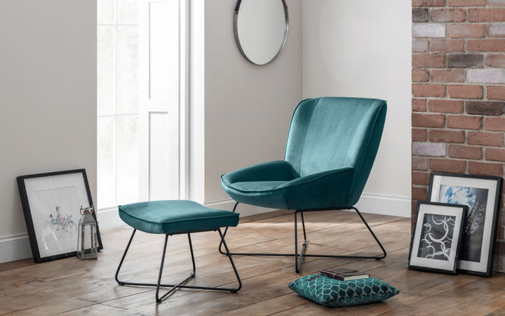 Mila Velvet Accent Chair & Stool - Teal